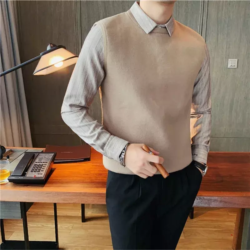 Brand Fake Two Pieces Polo Collar Sweaters for Men Winter Thickened Plush Slim Casual Knit Pullover Business Social Men Clothing