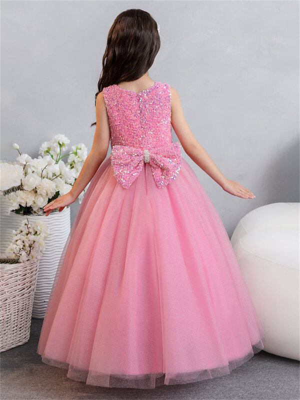 Фатиновое бархатное платье принцессы с блестками и цветами для девочек, свадебное платье с жемчугом и бантом, с круглым вырезом, без рукавов, ТРАПЕЦИЕВИДНОЕ бальное платье