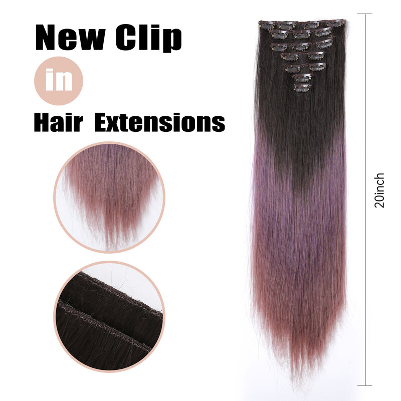 Czarna fioletowa doczepiane włosy Ombre z klipsami 7 sztuk/zestaw długa prosta syntetyczna naturalna treska dla kobiet włókno termoodporne