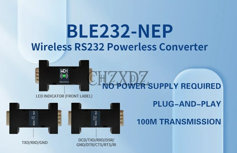 BLE232-NEP Wireless RS232 COM Porta Serial Power-Free Converter, CH9140, 3 pinos, 9 pinos, DB9 cabo, 2 pcs por lote, 5pcs por lote