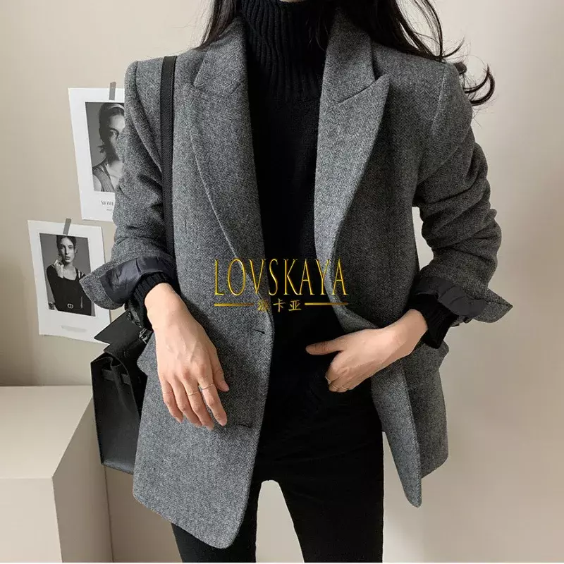 Jaqueta versátil de lã feminina, cor sólida, moda outono e inverno, novo estilo