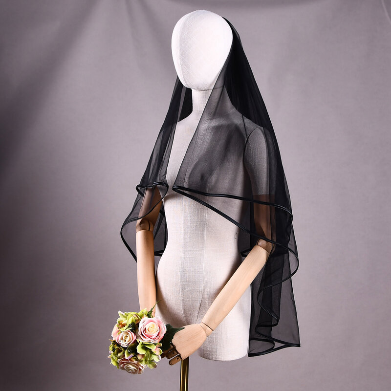 YUEJI-velo de novia con borde de lápiz, accesorio de 2 capas, color negro, barato, 0214