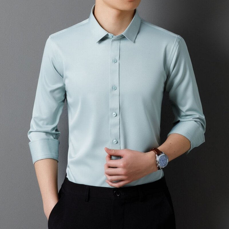 Baju Pria Lengan Panjang, baju pria kelas atas ukuran besar Non-iron pakaian kerja kasual bisnis warna Solid untuk pria