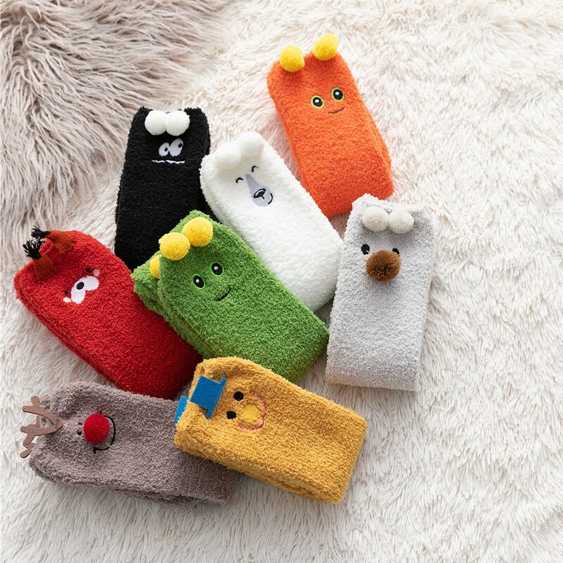 8 Pairs Unisex Coral Knee High Socks Leg Warmer Solid Color Cartoon Animal Embroidery Fuzzy Sleeping Stockings