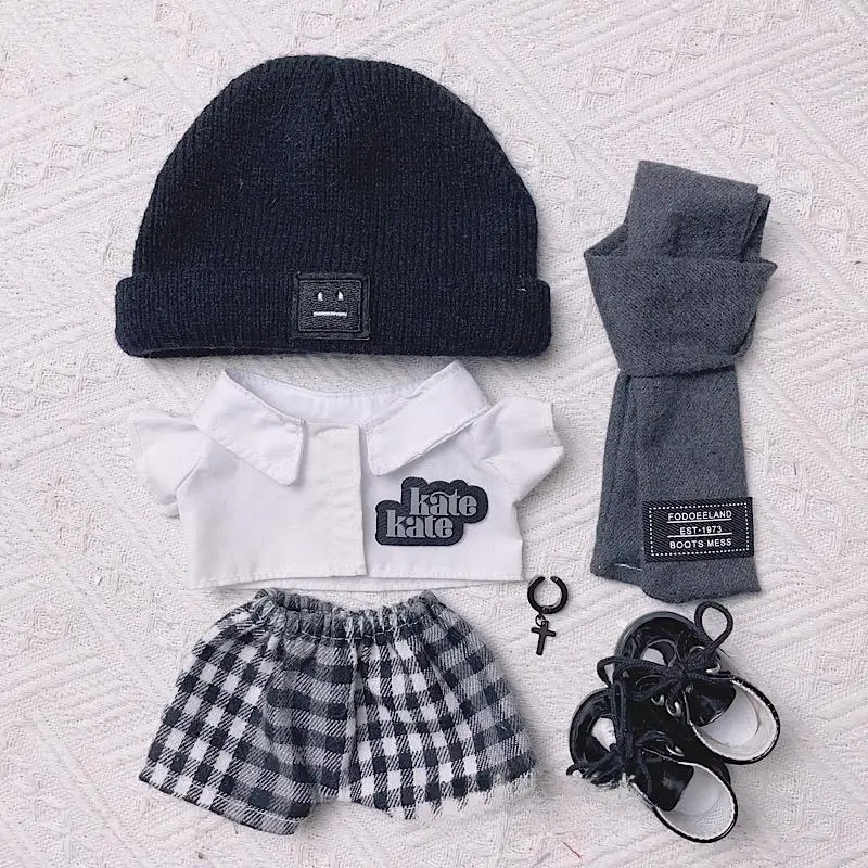 In Stock White Shirt Scarf Black Hat 20cm Plush Doll Clothing Fashion Boy Handsome Clothes Costume Outfit Accessories