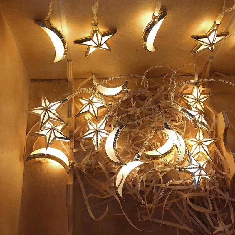 Eid mubarak-星と月の形をしたLEDストリングライト,バッテリー駆動,ラマダンの装飾,イスラム教徒の休日,10 leds,1.5m, 2024