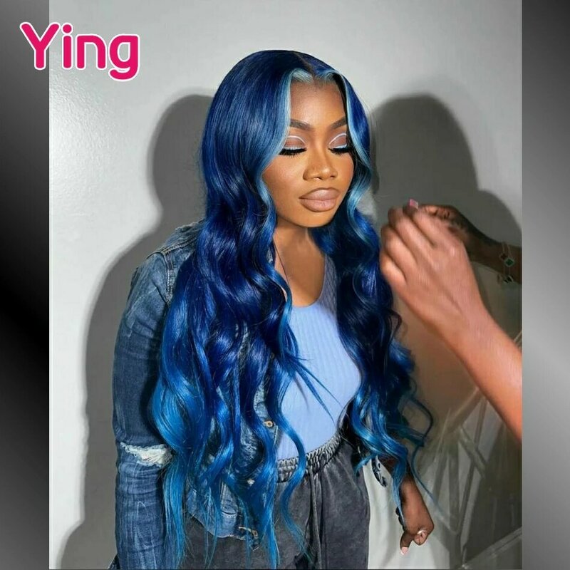 Ying Highlight Grey Blue Colored 13x6 Lace Front Wig Pre Plucked Body Wave Human Hair Wigs Peruvian Remy Hair For Black Women