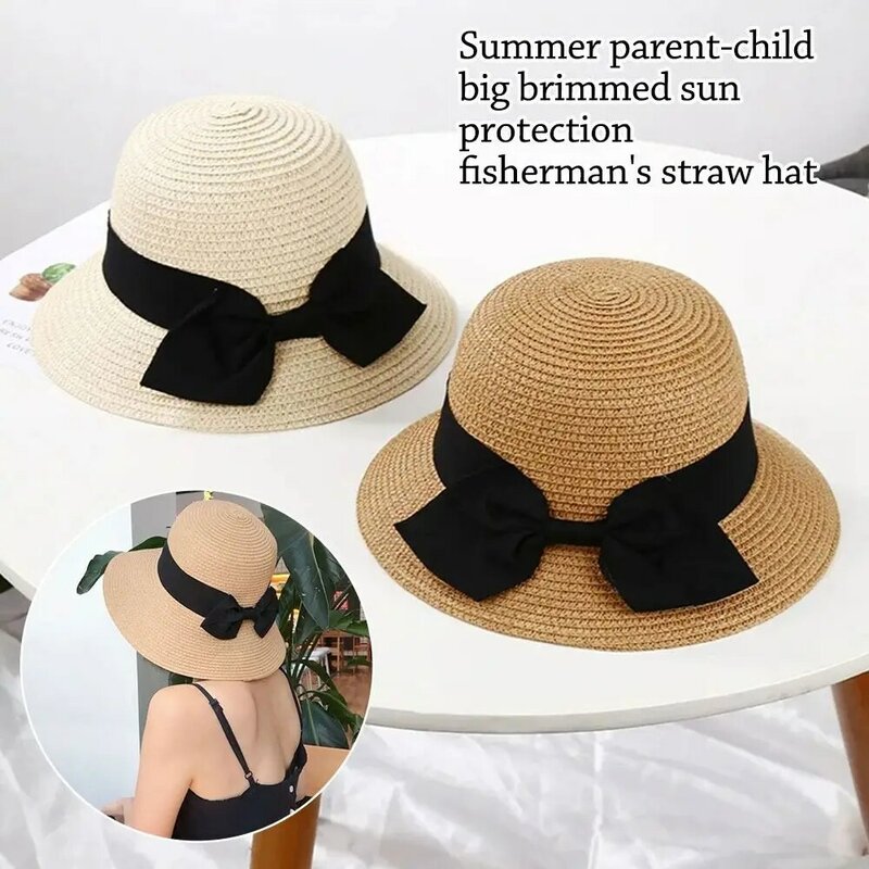 UV Protection Straw Bucket Hat Holiday Big Brim Breathable Beach Cap Spring Summer Parent-child Cap Children Girls