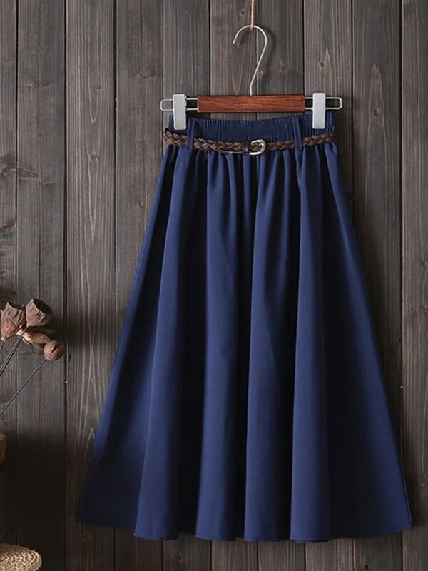 Midi Knee Length Summer Skirt Women With Belt 2024 Fashion Korean Ladies High Waist Pleated A-line School Skirt Female