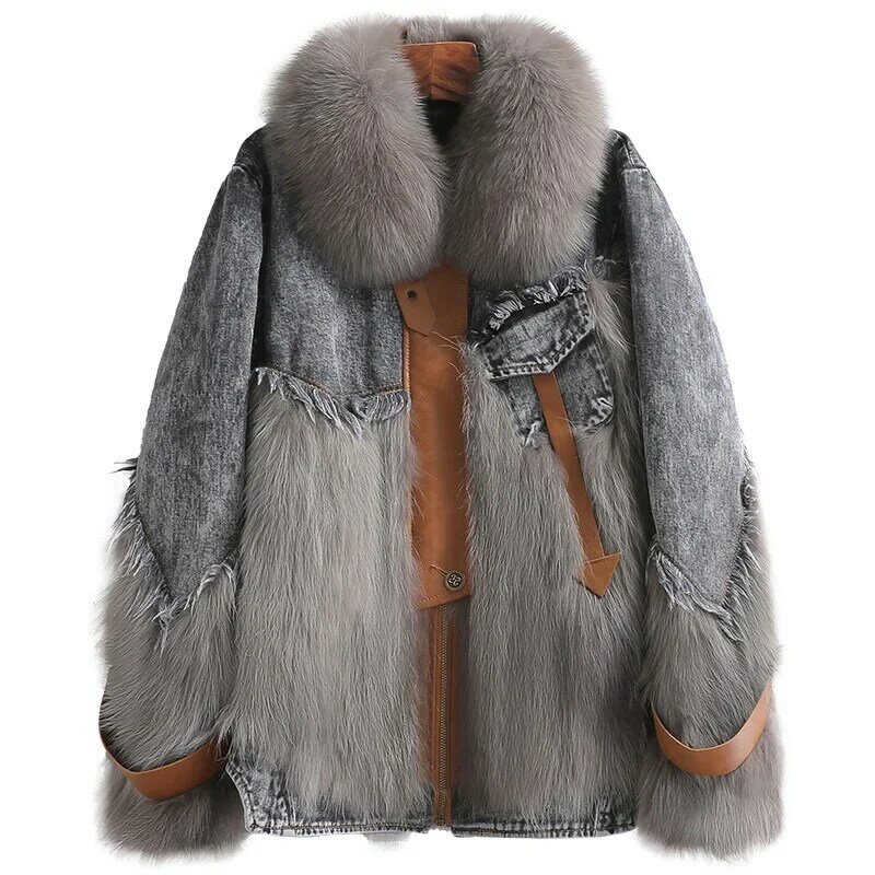 Abrigos y chaquetas de piel de mapache para mujer, abrigo de mezclilla, cuello de piel de zorro, moda coreana, ropa de otoño e invierno, Zm1121