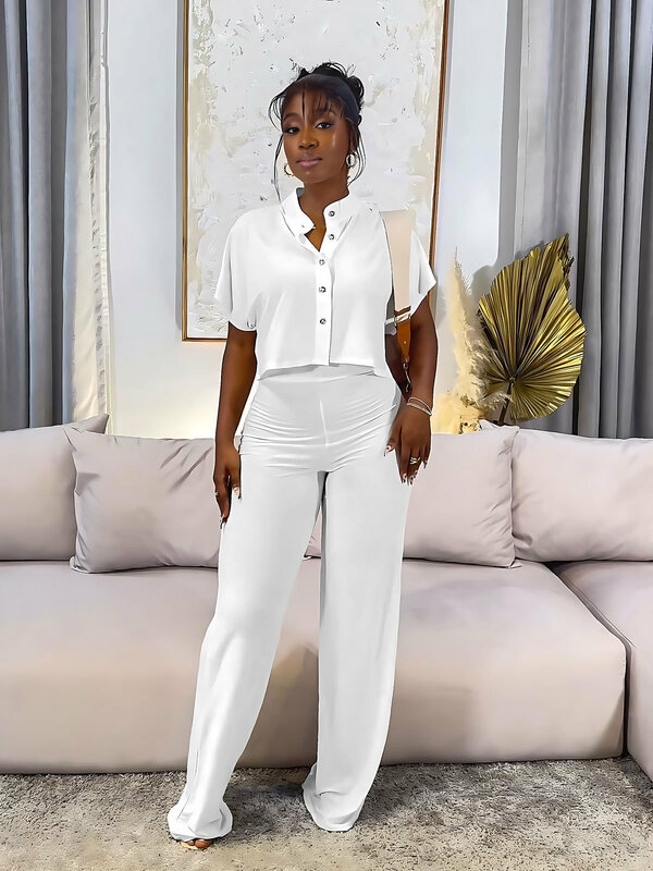Camisa casual de botão curto feminina e conjunto de calças largas, sólido, moda verão, 2 peças