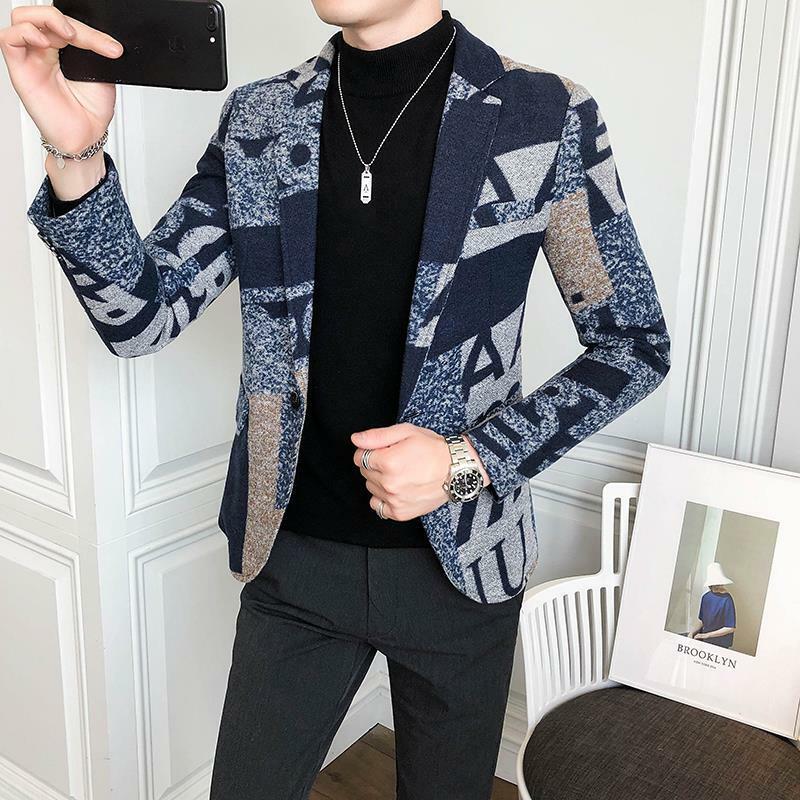 2-A33 Autumn Slim Woolen Printed Suit Men's Size S Fashion Trendy Youth Long Sleevt Versatile Casual Jacket