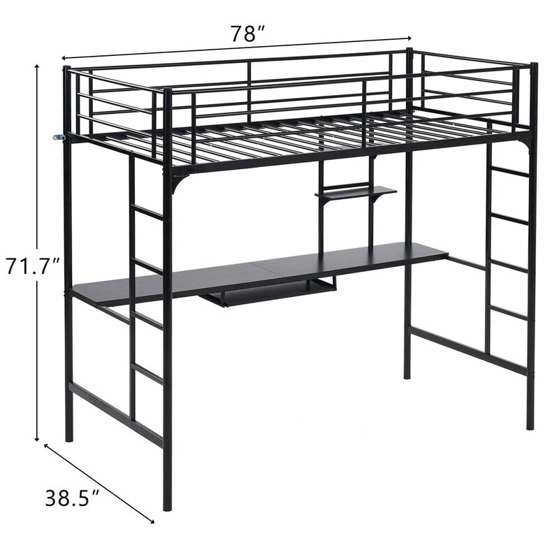 Heavy-Duty Twin Metal Loft Bed Frame com Mesa e 2 Prateleira, 2 Escadas para Adolescentes