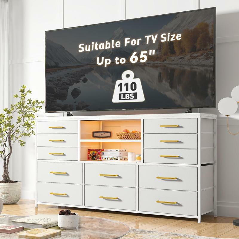 TV Stand Dresser com Power Outlet e Luzes LED, 65 "TV Stand para sala de estar, centro de entretenimento com 12 tecidos