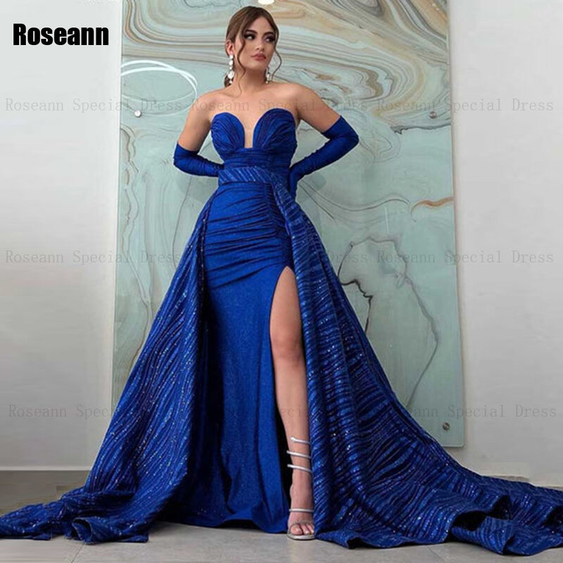 Exquisite 2024 Bule Mermaid Evening Dresses Strapless Detachable Front Split Sleeveless Party Dress Floor Length Robe de soirée