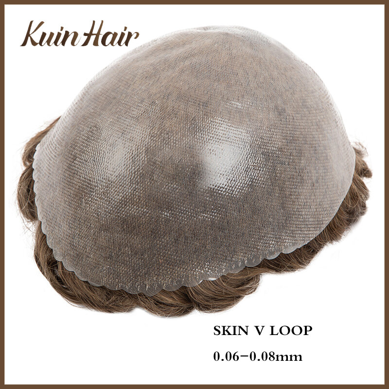 Skin Vloop PU 0.06-0.08mm Male Hair Prosthesis Natural Hairline Replacement Systems Unit 100% Human Hair Durable Men Toupee Wigs
