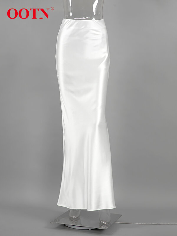 Elegancki biały spódnice trąbkowe z wysokim stanem w stylu ulicznym satynowy spódnice damskie jesienne poliestrowe jedwabna spódnica do podłogi 2023