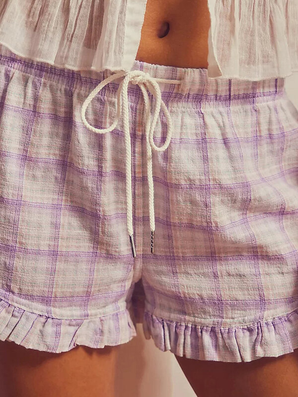 Damen Sommer Lounge Shorts Plaid/Streifen Print Kordel zug elastische Taille Rüschen saum kurze Hosen lässig gemütliche Pyjama hosen y2k