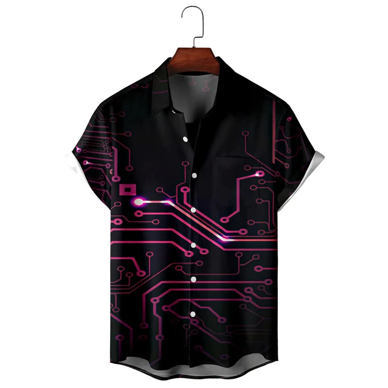 男性用3Dプリントの電子チップ,レトロなミニマリストのカジュアルシャツ,エンジニアボタン,パーソナライズされたメンズシャツ,夏