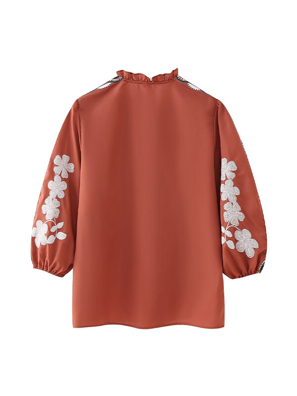 TRAF-2024 여성 플라워 자수 싱글 브레스트 셔츠, 긴 소매 라운드넥 상의, 프렌치 레트로, 여름 신상