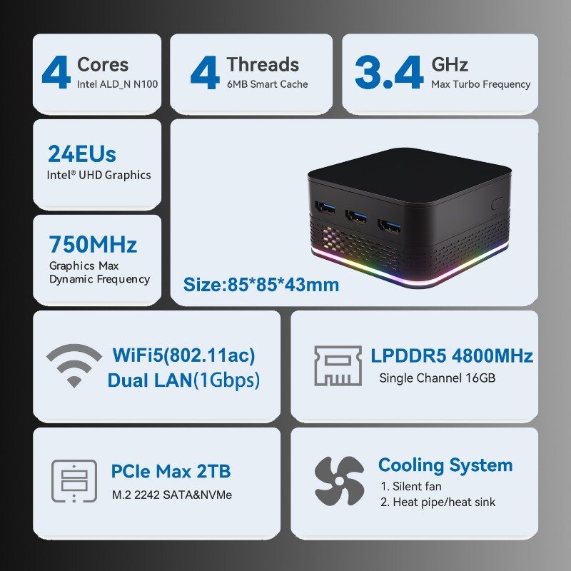 Mini PC T9 Plus Quad Core, Windows 11 Pro, Intel, Alder Lake, N100, 8GB, 16GB, LPDDR5, 256 GB, 512GB, SSD de 1TB, LAN dupla, 3 HD, 2x1000MLan