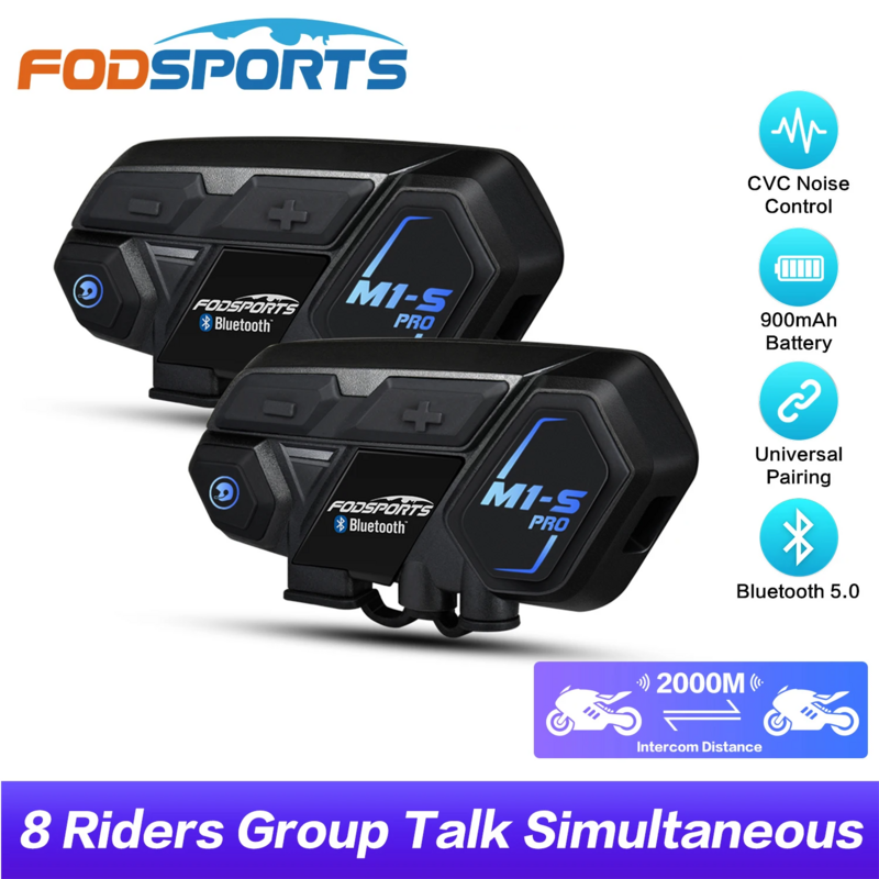Fodsports-Oreillette Bluetooth M1S Pro pour moto, appareil de communication pour casque, intercom pour 8 motocyclistes, portée 2000m, étanche, sans fil, radio FM