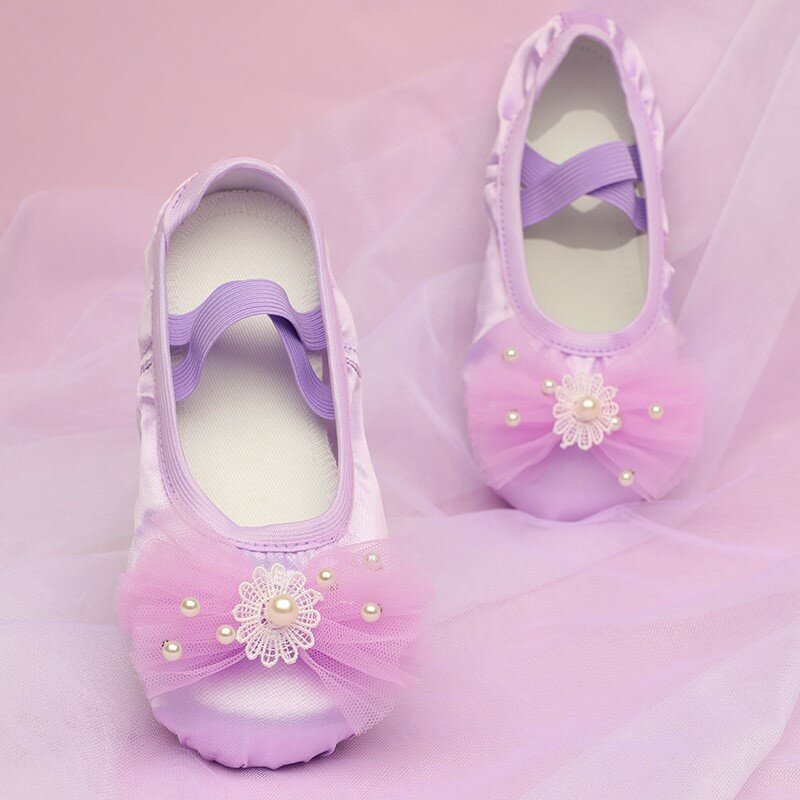 Балетные туфли принцессы с кошачьими крапанами, Мягкая сетчатая обувь для танцев с жемчугом и бантом, Детские Балетные кроссовки для девочек