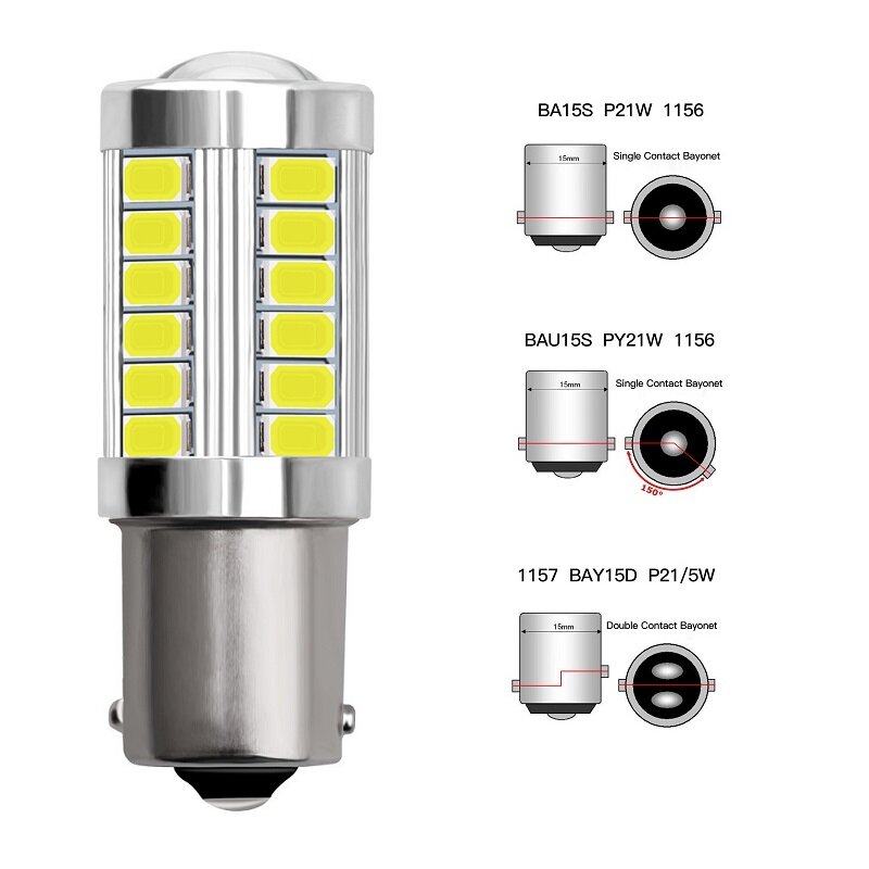 Carro LED Turn Signal Light, Branco Freio Reverso Lâmpadas de Estacionamento, PY21W, P21, 5W, 1156, Ba15s, 1157, Bay15d, 12V, 33SMD, 7000K, 1 Pc
