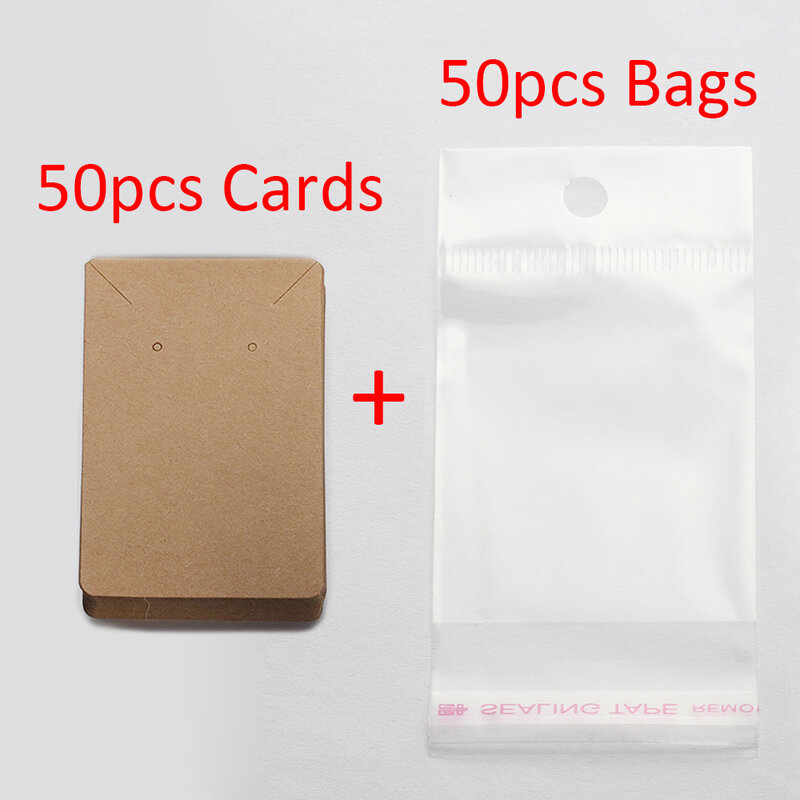 Auto-Seal Cartão de Papel Kraft para Embalagem de Jóias DIY, Brinco e Colar Display Cards, 50 Conjuntos, 50Pcs Bags