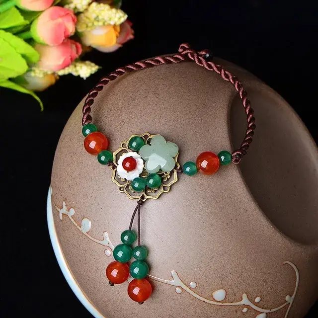 Pedra de jade jadeite esmeralda flor tornozeleiras acessórios da moda esmeralda chinesa esculpida amuletos presentes para mulheres ela