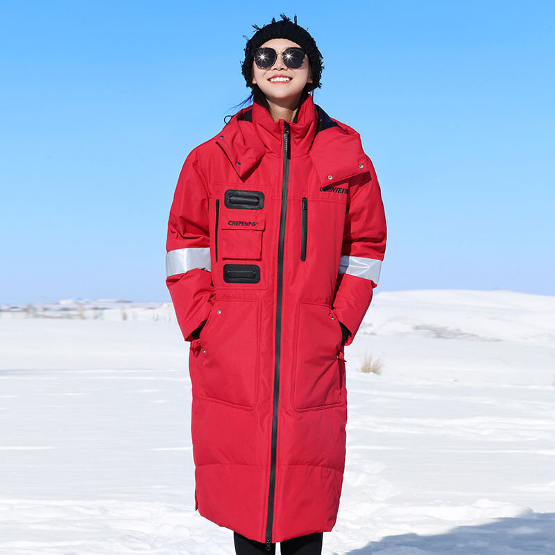-20 gradi inverno moda coppia piumini lunghi sopra il ginocchio giacca a vento con cappuccio spessa 90% piumini caldi in piuma d'anatra bianca