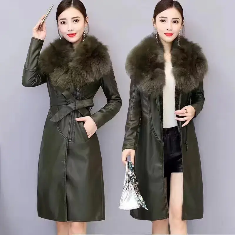 Зимнее пальто из искусственной кожи с меховым воротником, Женская однотонная приталенная куртка средней длины с регулируемой талией, Новая модная женская Повседневная теплая верхняя одежда