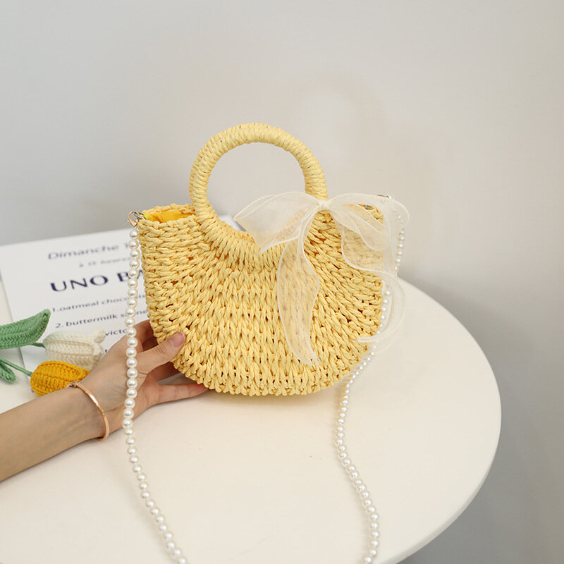 กระเป๋าทอฟางโบว์สีเหลืองน่ารักสำหรับผู้หญิงกระเป๋าทอสีลูกกวาดใหม่2023กระเป๋าชายหาดวันหยุดริมทะเล