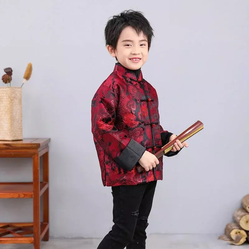 เสื้อชุดจีนจีนสำหรับเด็กผู้ชายชุดตรุษจีนดั้งเดิมเสื้อโค้ทพิมพ์ลายมังกรชุดคริสมาสต์ฤดูหนาว