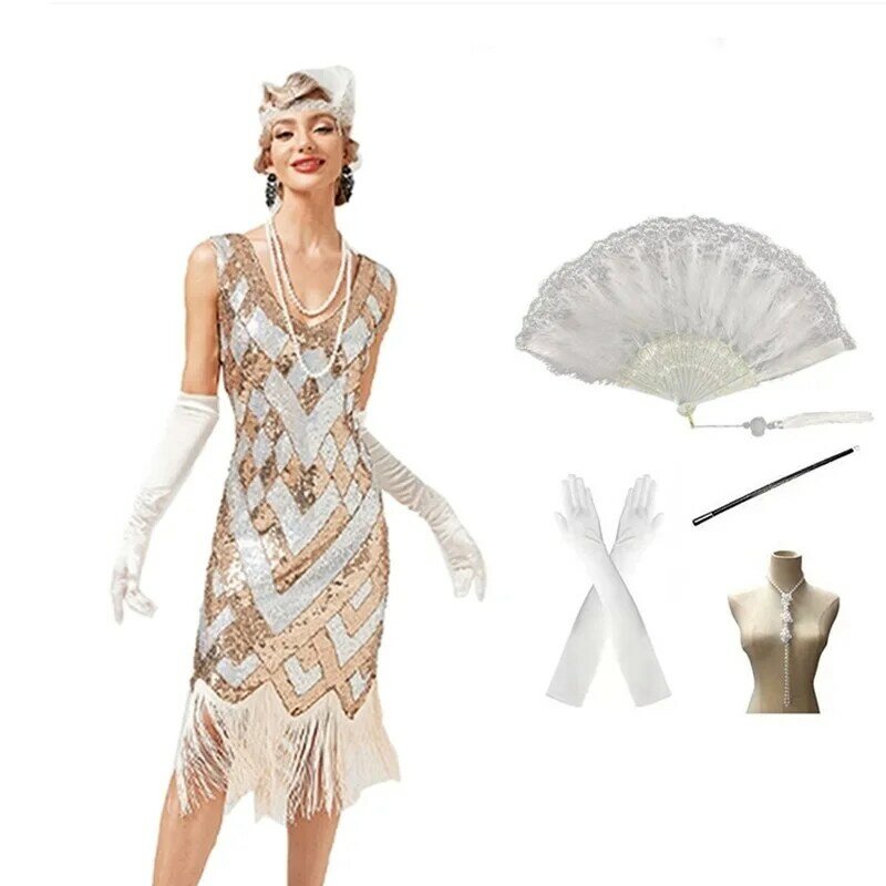 New Women's 1920S Vintage Sequined Tassel Dress Party Dance Dress V-neck Evening Dress Sequin Dress Toast Party Dress