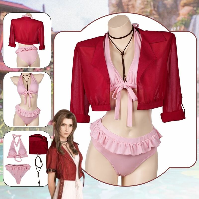 Fantasy 7 Aerith ملابس السباحة تأثيري زي ، تمويه للنساء البالغات ، الفتيات ، مجموعة البيكينيات ، سترة ، الزي ، عيد الهالوين ، بدلة كرنفال
