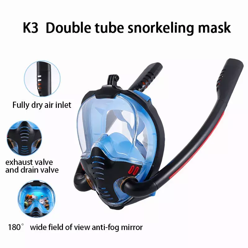 Máscara de esnórquel de doble tubo de silicona para adultos, máscara de buceo de secado completo, gafas de buceo, auto contenido, respiración subacuática