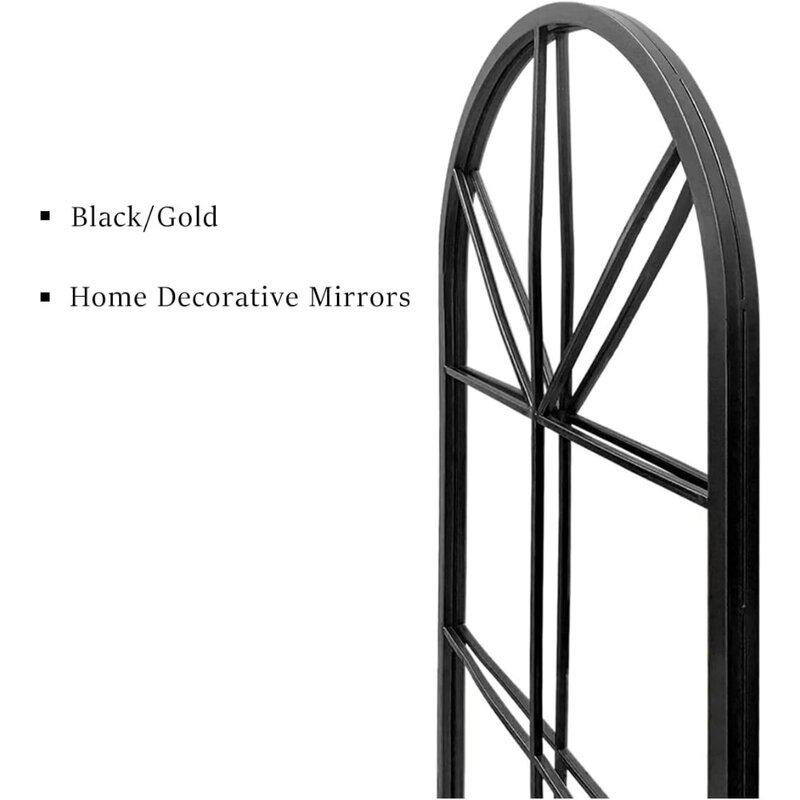 Espejo de longitud completa para el suelo, parte superior arqueada negra, panel de ventana grande, montado en la pared, espejos colgantes de pie o inclinados