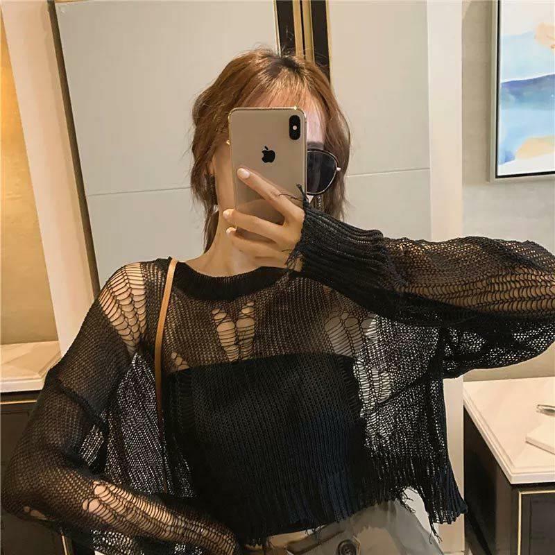 Black Gothic Thin Women Pullover Loose Sweater 2024 Lady Hollow Out Hole Broken Streetwear Stretch Split Knit Short Top