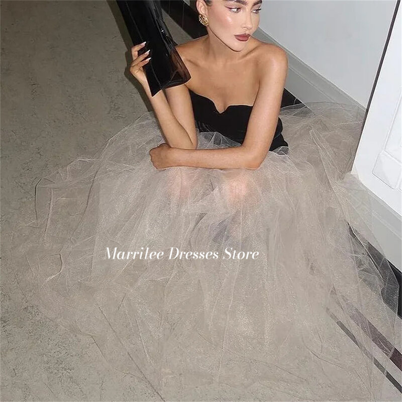 Marrilee Charming Strapless Black Velvet Mermaid Evening Dress Illusion Tulle Sleeveless Floor Length Prom Gown Formal Occasions