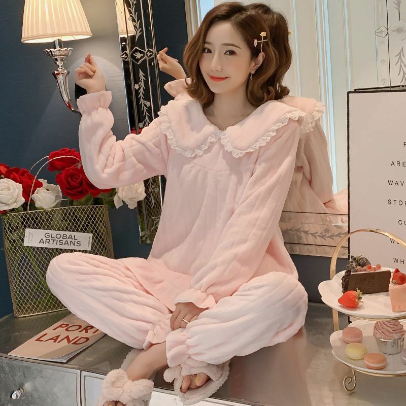 Setelan baju tidur lengan panjang wanita, piyama renda flanel bermotif, set pakaian rumah Korea hangat longgar untuk wanita