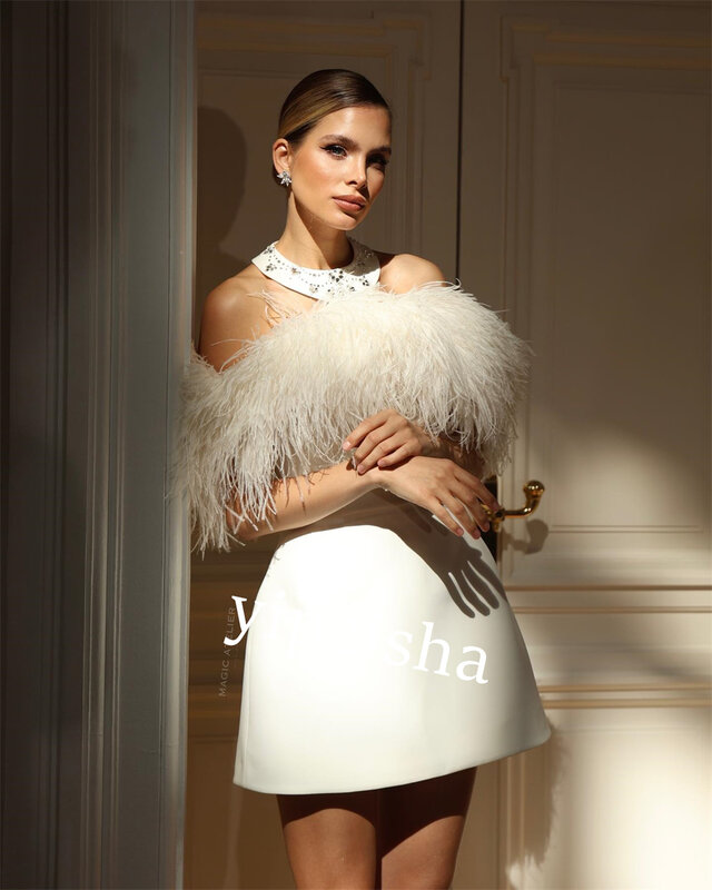 Jersey Feather Sequined Christmas A-line Halter Bespoke Occasion Gown Mini Dresses