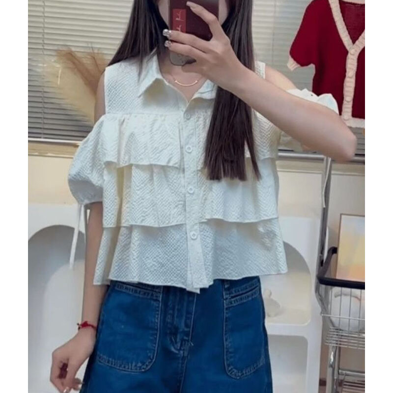 Summer New Korean Women's Blouse Polo-Neck Button Off Shoulder Short Sleeve Tie Up with Loose Elegant Spliced Ruffles Shirt Tops