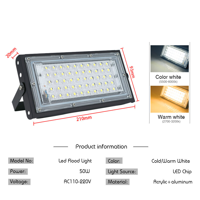 Impermeável LED Flood Light, holofote ao ar livre, iluminação da paisagem, lâmpada de rua, IP65 Spotlight, AC 220V, 110V, 50W