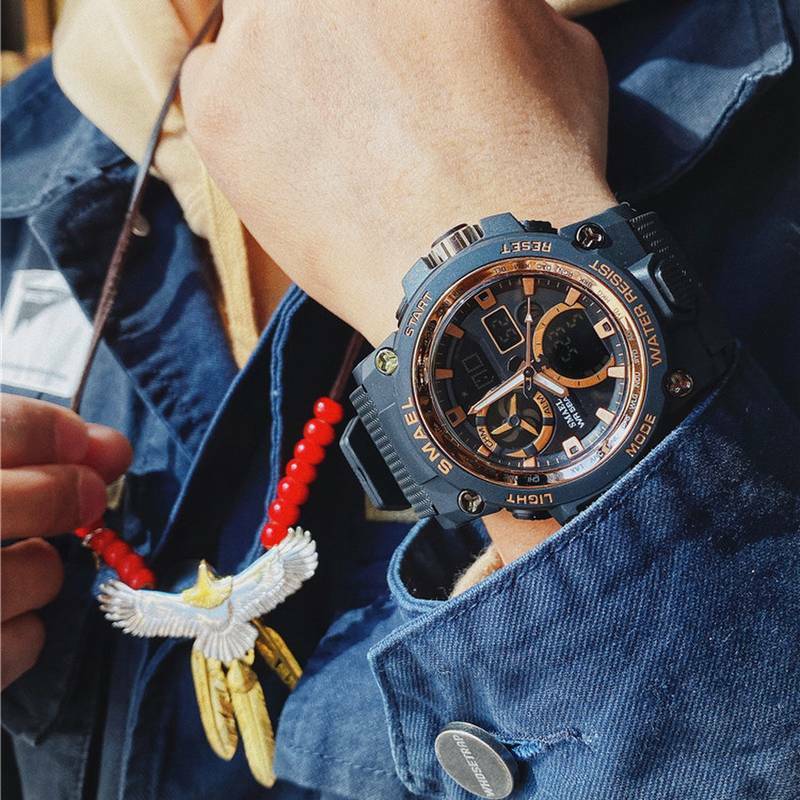 Okrągłe sportowe wodoodporne zegarki męskie PU zespół mody wielofunkcyjny Luminous podwójny wyświetlacz zegarek studencki Relogio Masculino