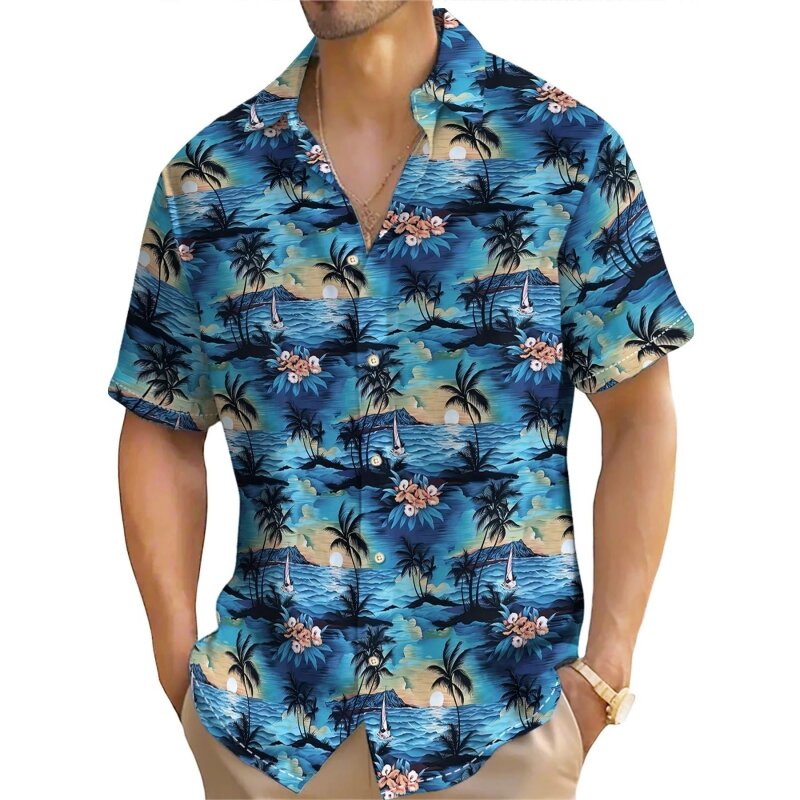 Рубашка мужская с принтом кокосового дерева, Повседневная Свободная Гавайская кофта с коротким рукавом, в стиле ретро, большие размеры, лето 2024