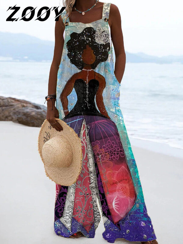 XXS-6XL Plus Size Pants Jumpsuit Women Fashion Beach Vacation Black Ethnic Style Oil Painting Loose Pocket Jumpsuit ZOOY