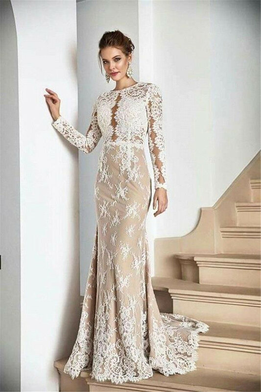 Vintage Geraffte Illusion boho brautkleid Elegante Lange hülse Spitze bohemian wedding kleid Appliques vestido de noiva