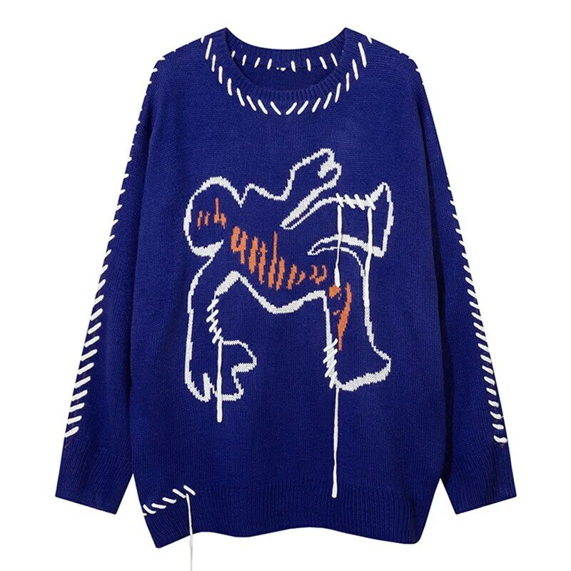 Aolamegs Y2K Men Sweater Human Pattern Tassel Knitted Jumper Harajuku Punk Goth Pullovers Oversized Hip Hop Knitwear Unisex
