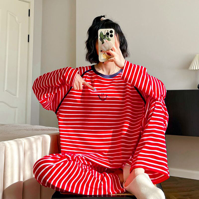 Pijama de algodão listrado, manga comprida, roupa íntima com gola redonda, lingerie casual simples, loungewear, roupa de casa, novo, primavera, 2022